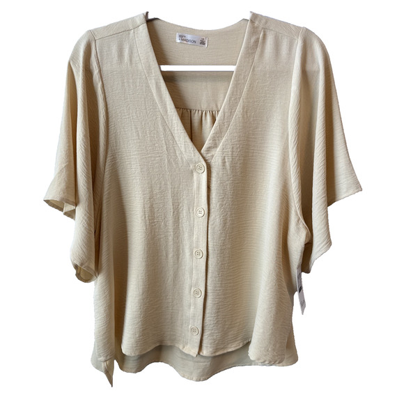 89th & Madison NWT Women's L Chic Cream Button Front Flutter Sleeve Hi Lo Blouse - Picture 1 of 10